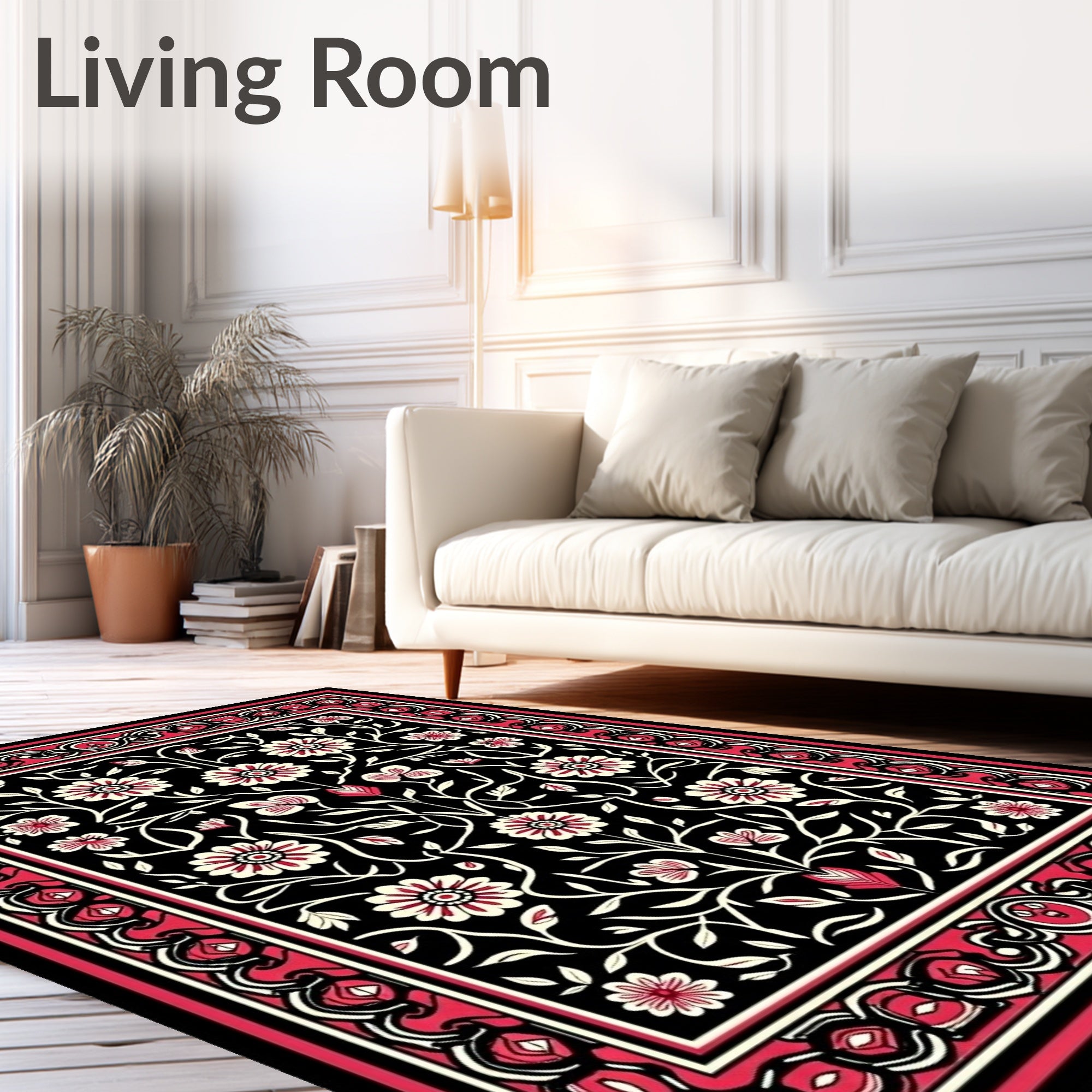 Crimson White Floral Vine Border Rug