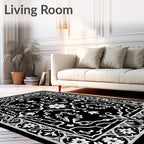 Black White Floral Scrollwork Courtly Rug