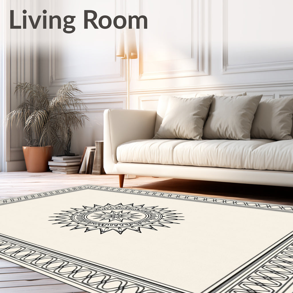 Black Sunburst Mandala Cream Border Rug