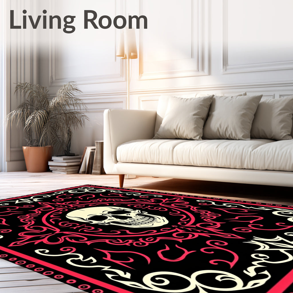 Black Crimson Skull Baroque Border Rug