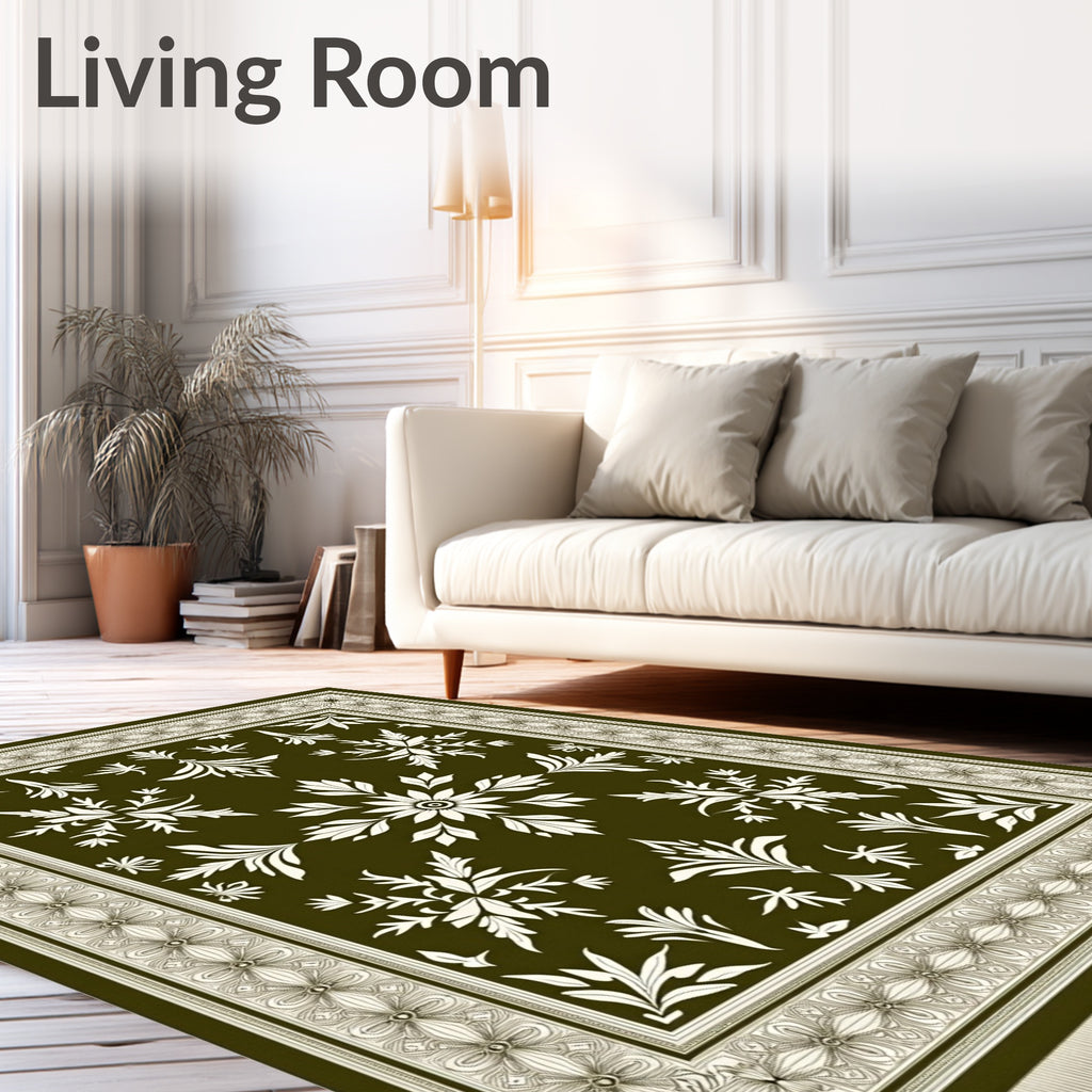 Olive Green Floral Botanical Medallion Rug