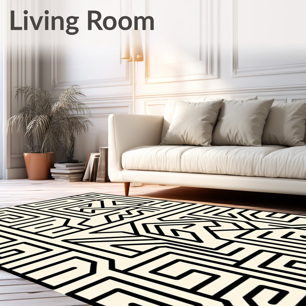 Black Geometric Maze Ivory Abstract Rug