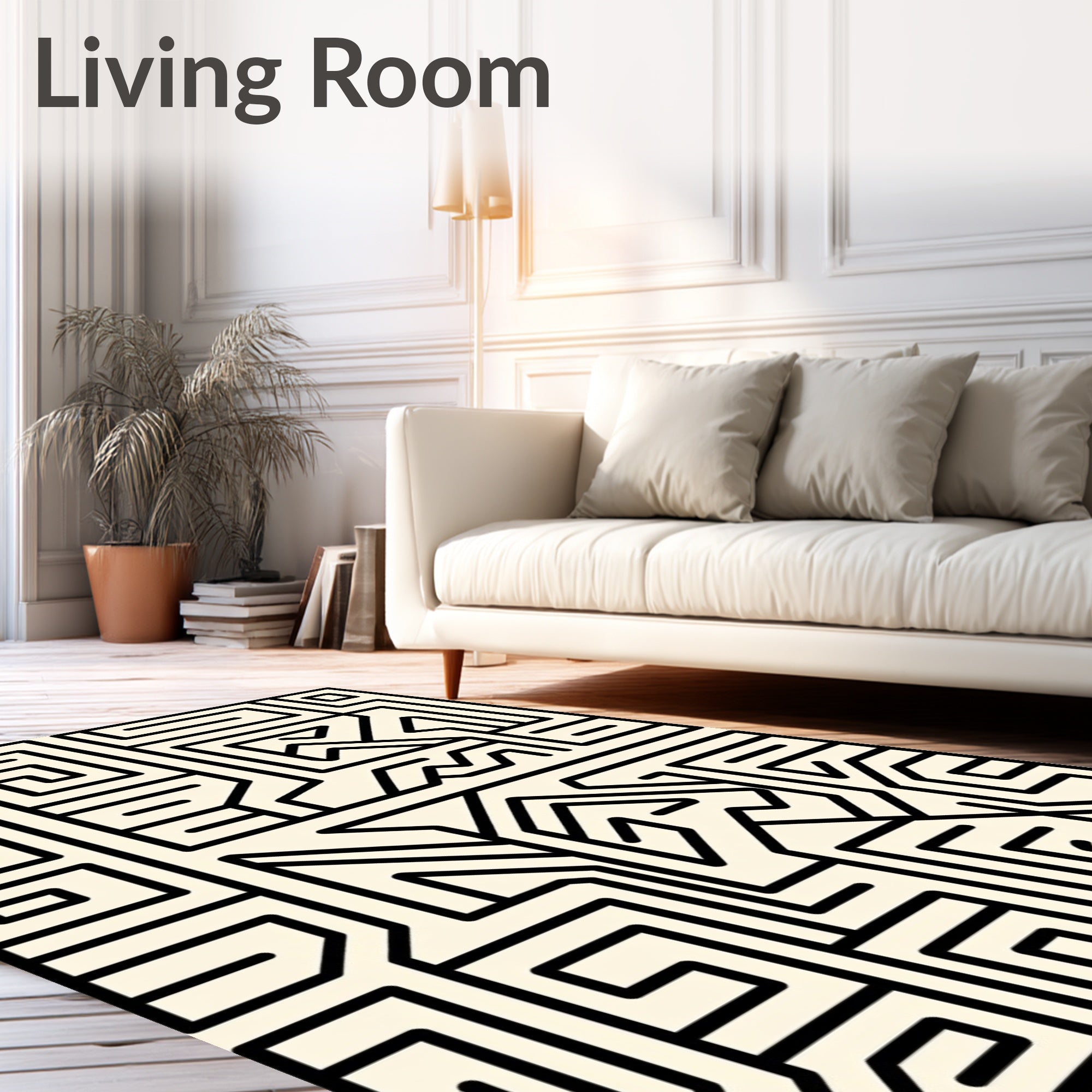 Black Geometric Maze Ivory Abstract Rug
