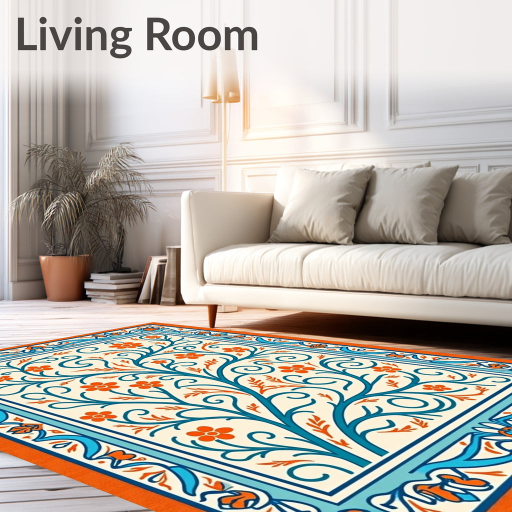 Orange Blue Floral Tree Border Rug