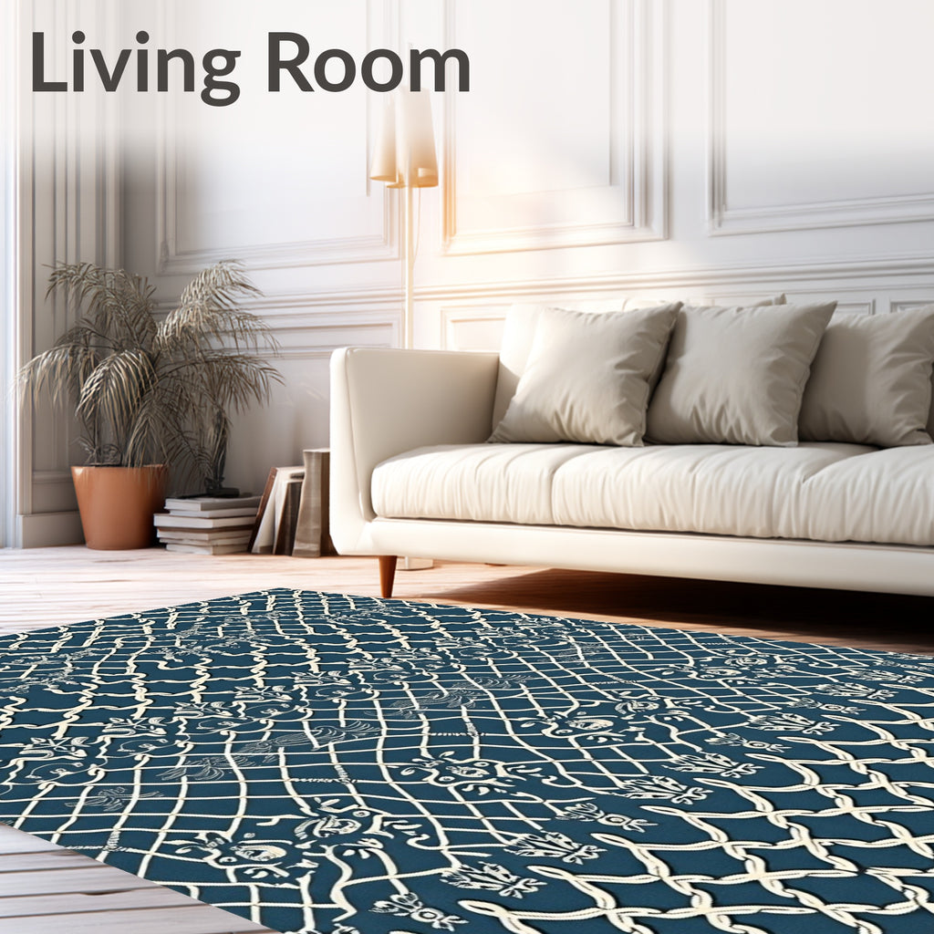 Deep Blue White Classical Lattice Medallion Rug