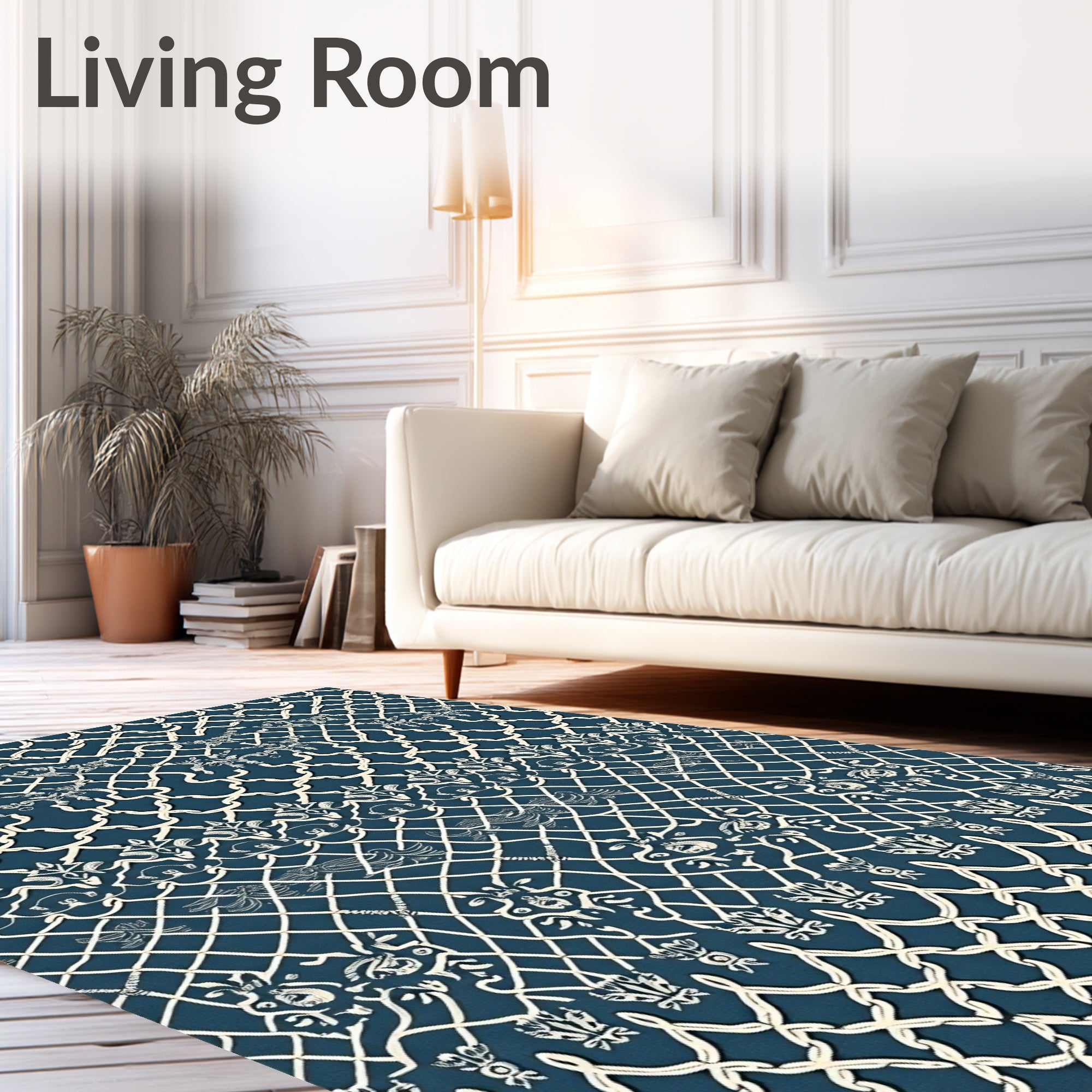 Deep Blue White Classical Lattice Medallion Rug