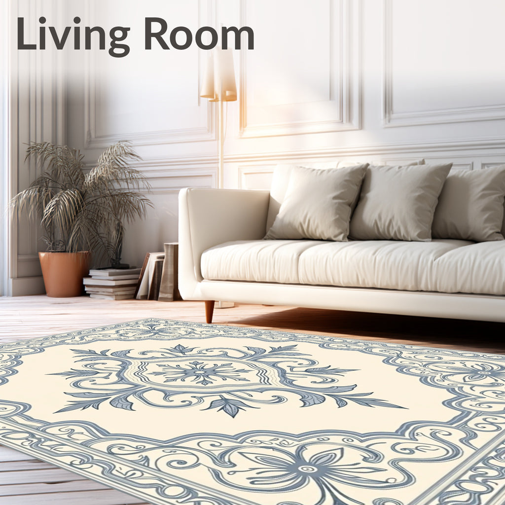 Cream White Blue Floral Medallion Rug