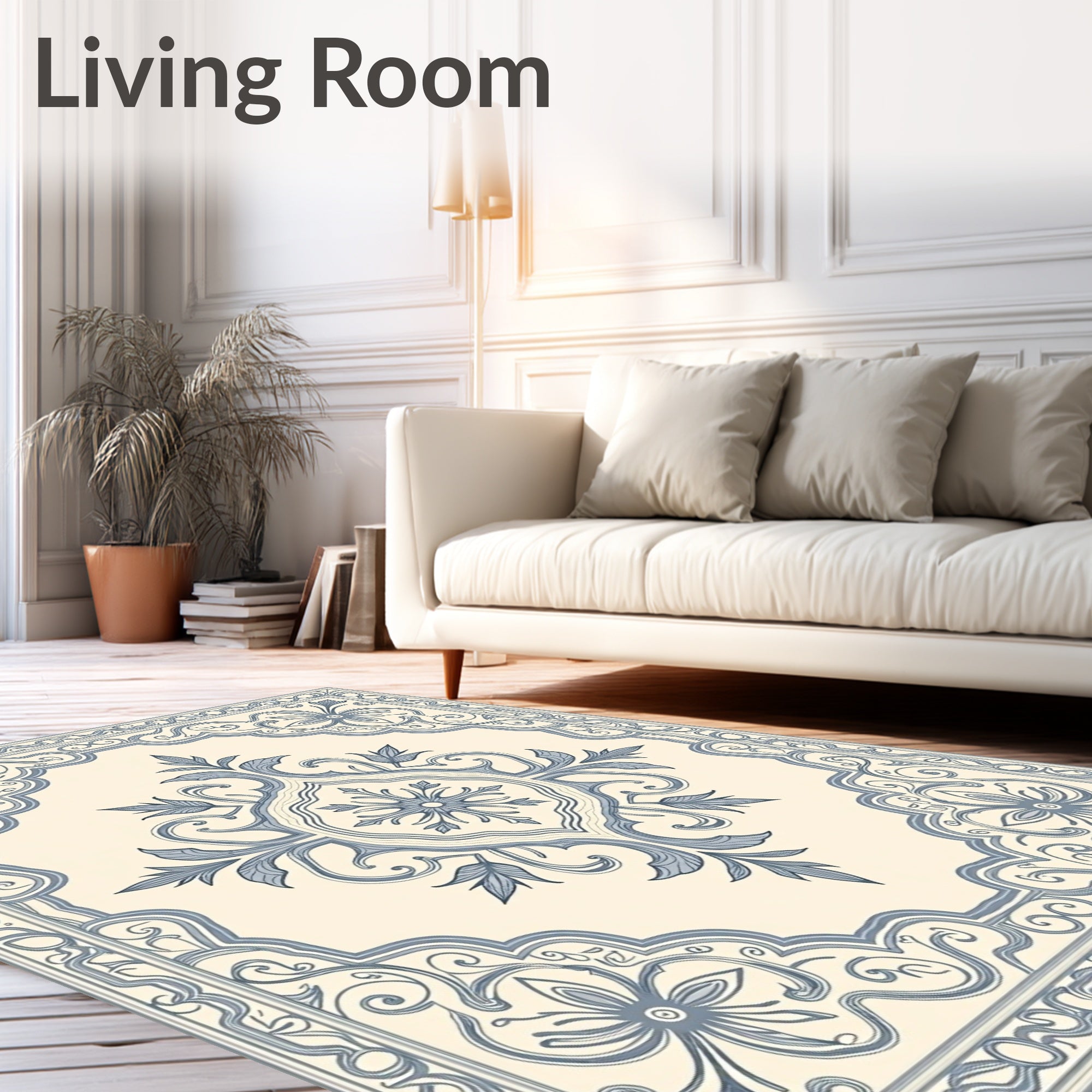 Cream White Blue Floral Medallion Rug