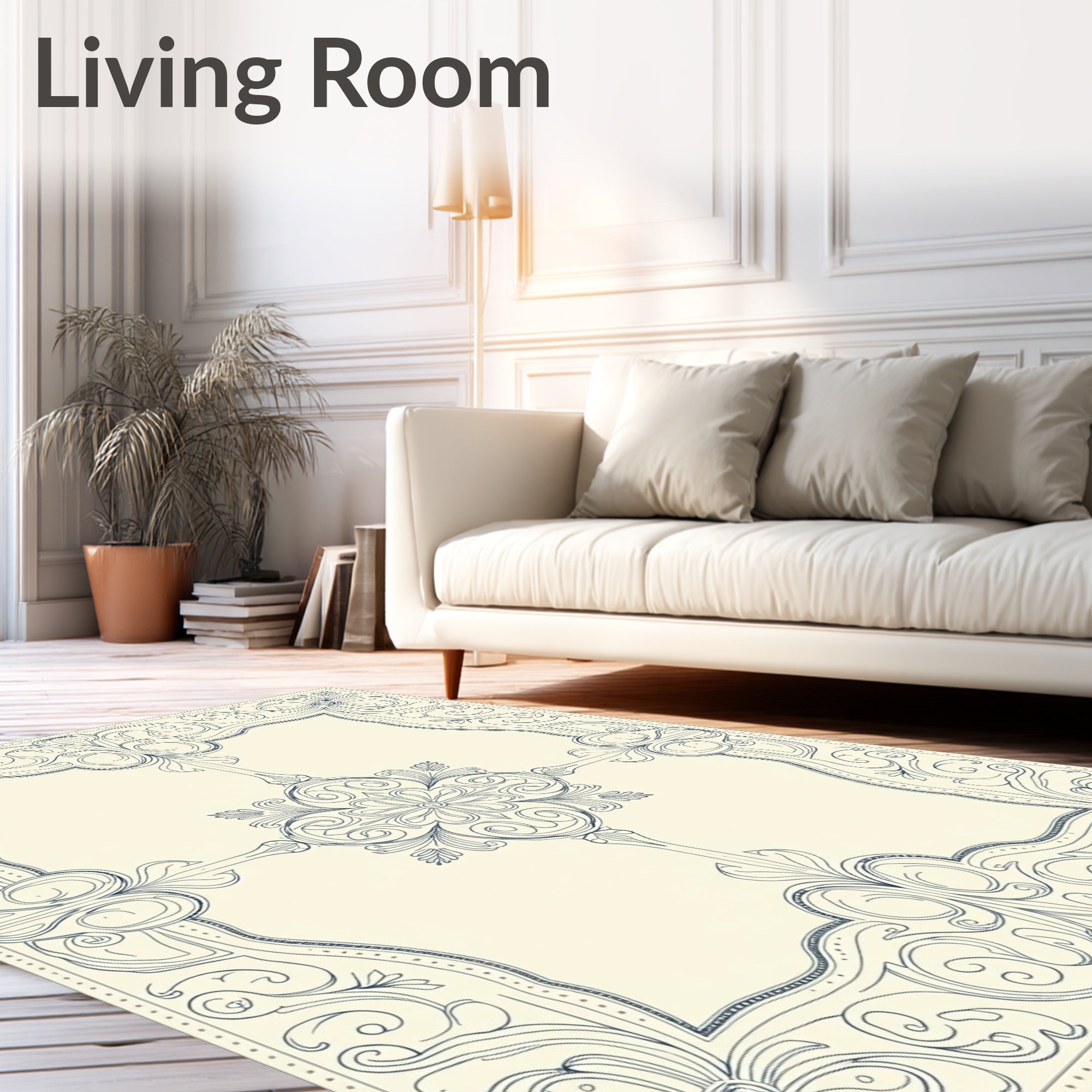 Ornate Navy Floral Scrollwork Border Rug
