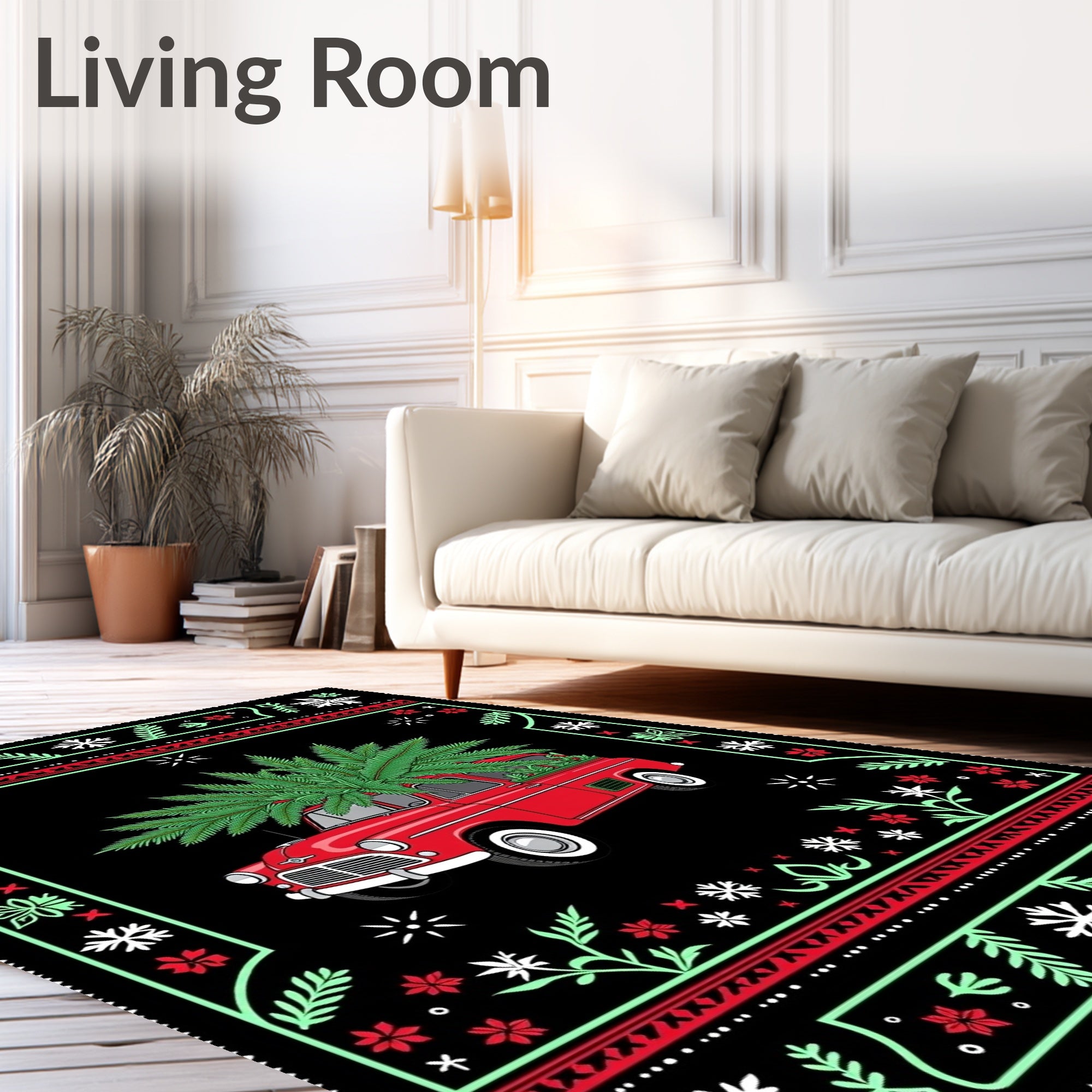 Festive Red Truck Floral Border Rug