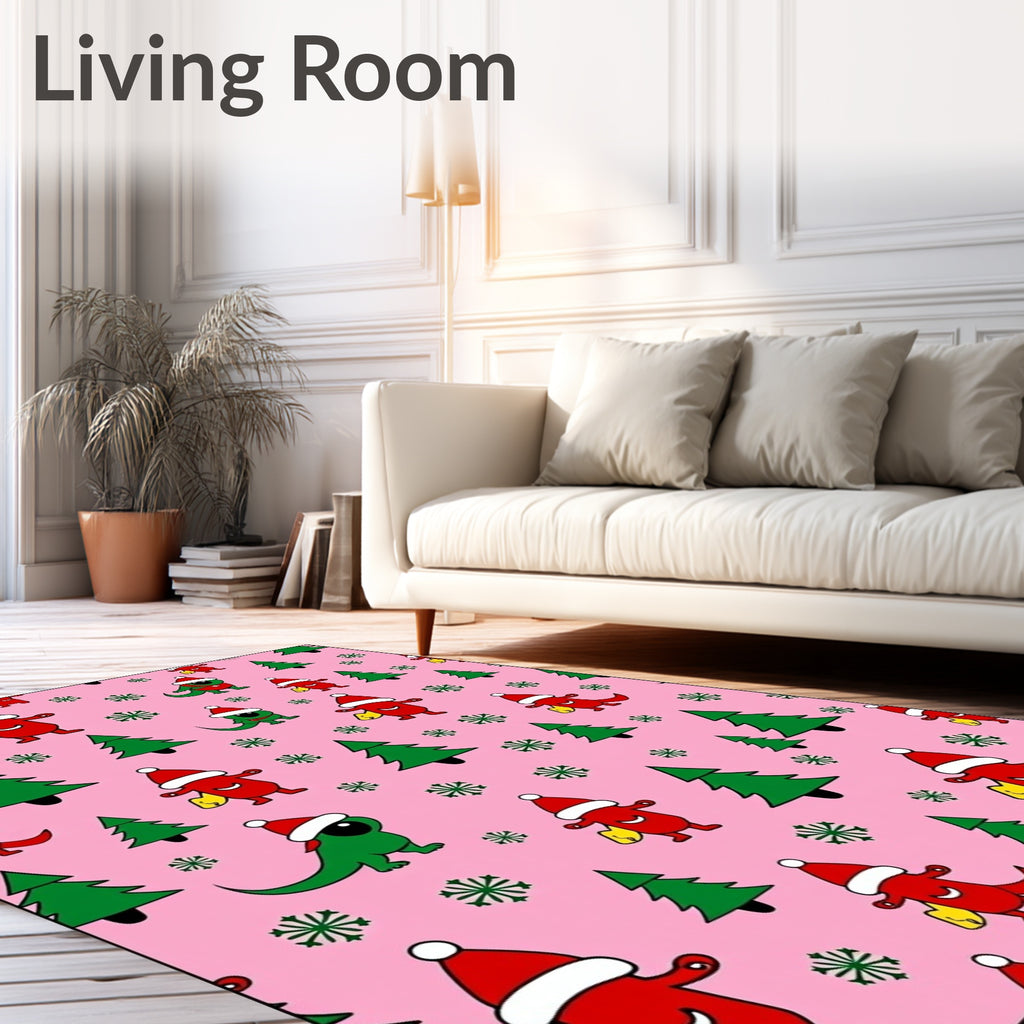 Whimsical Red Dinosaur Christmas Trees Rug