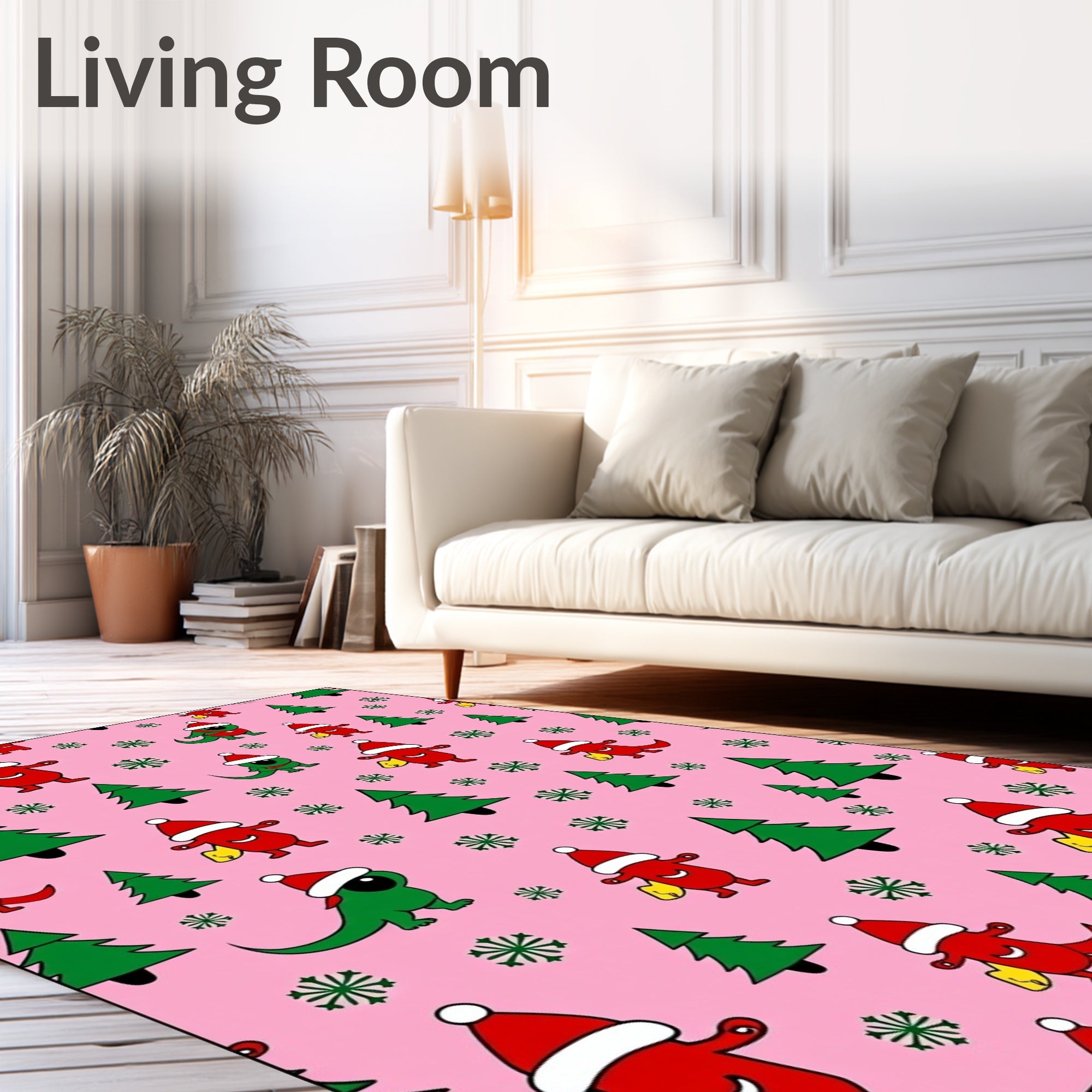 Whimsical Red Dinosaur Christmas Trees Rug
