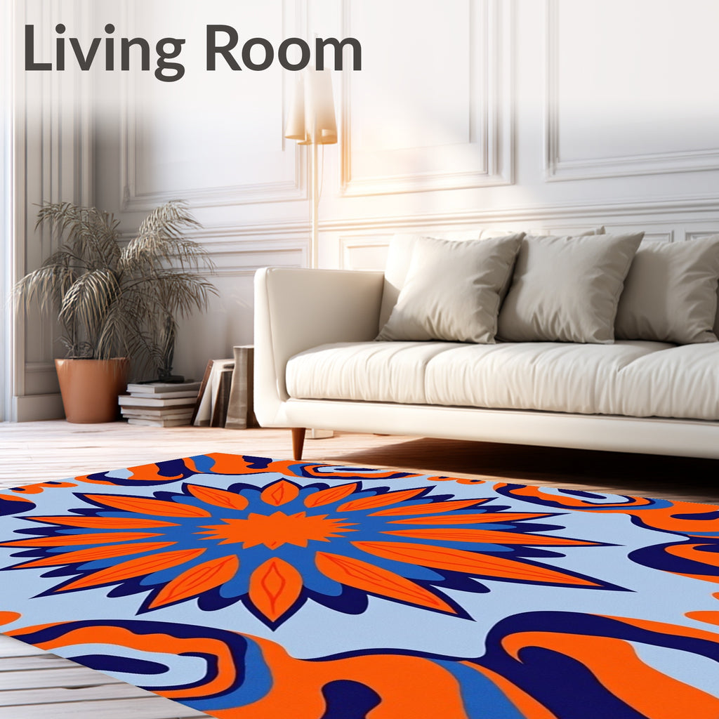 Vibrant Orange Blue Medallion Swirl Rug