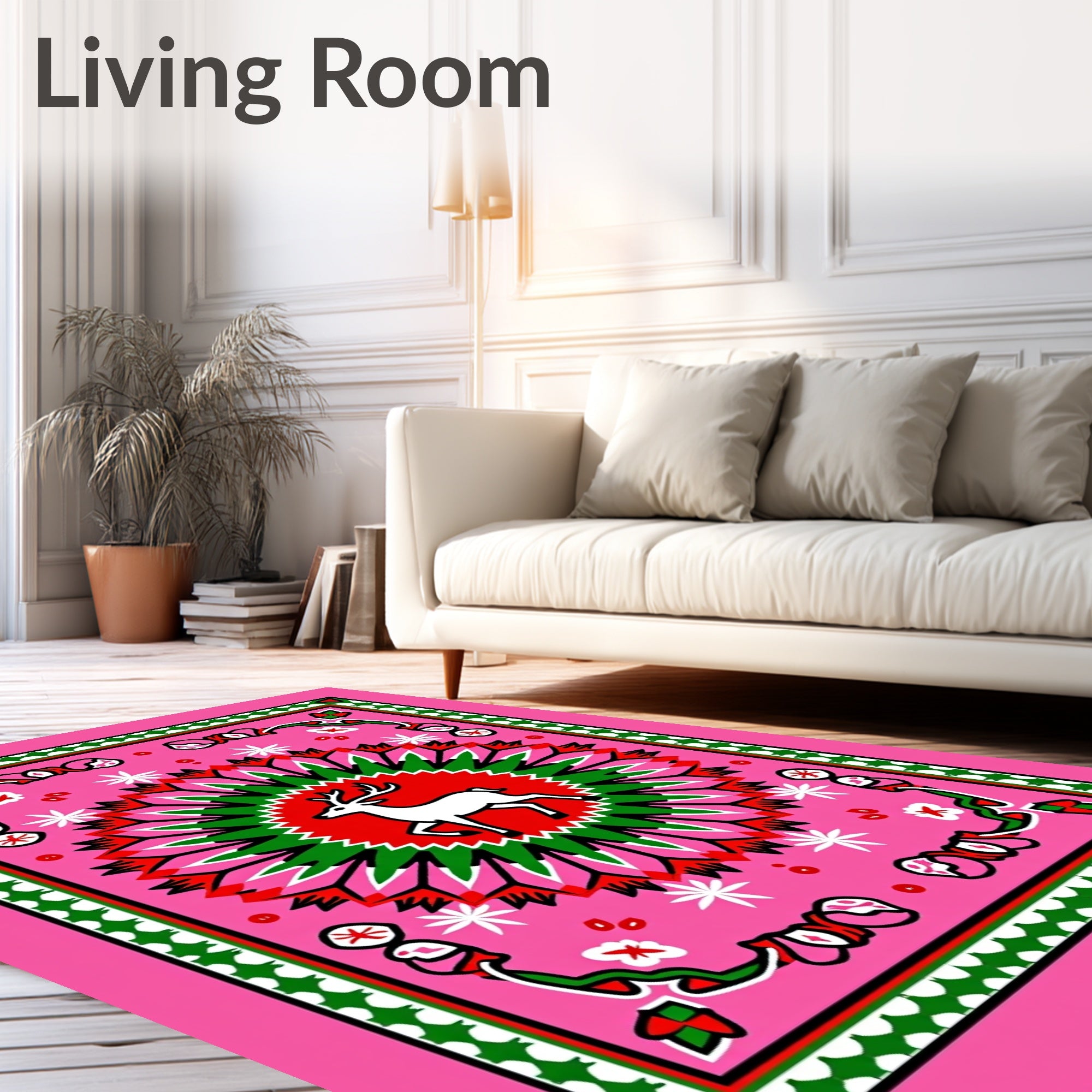 Whimsical Deer Medallion Pink Floral Rug