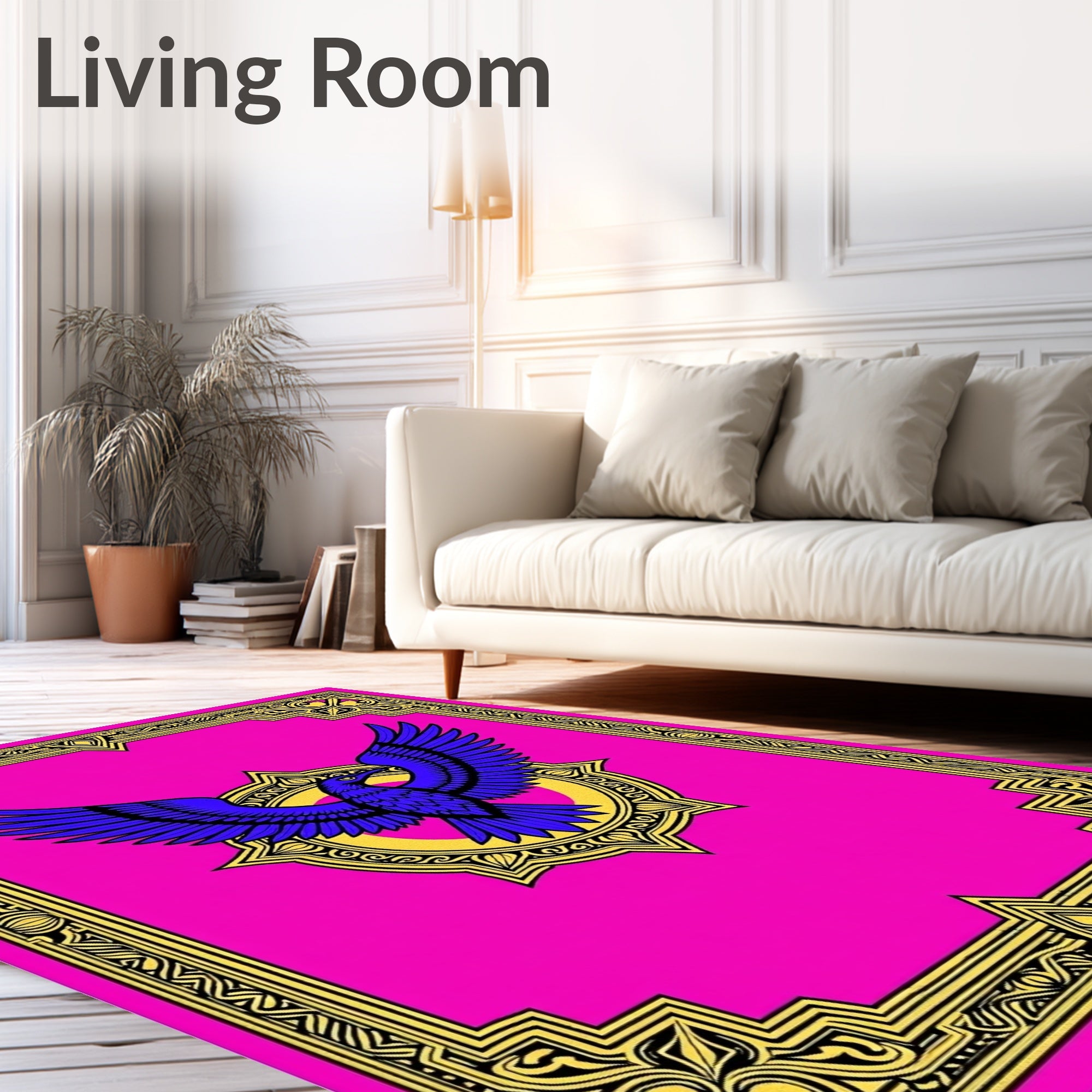 Vibrant Blue Bird Golden Frame Rug