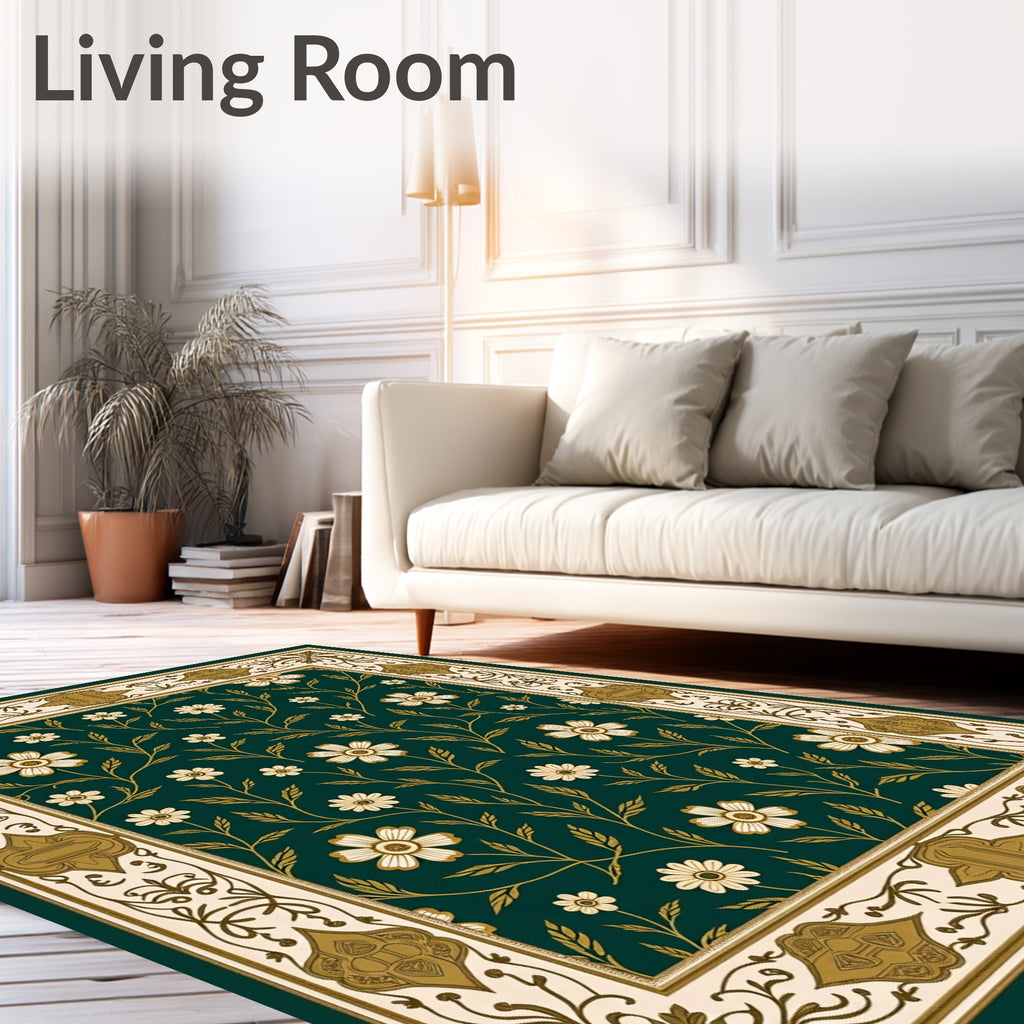 Emerald Green Floral Leaf Vine Rug