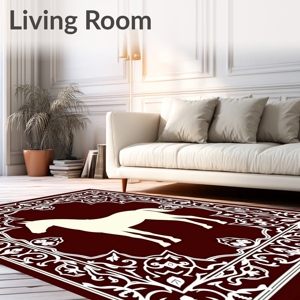 Deep Red White Horse Medallion Frame Rug