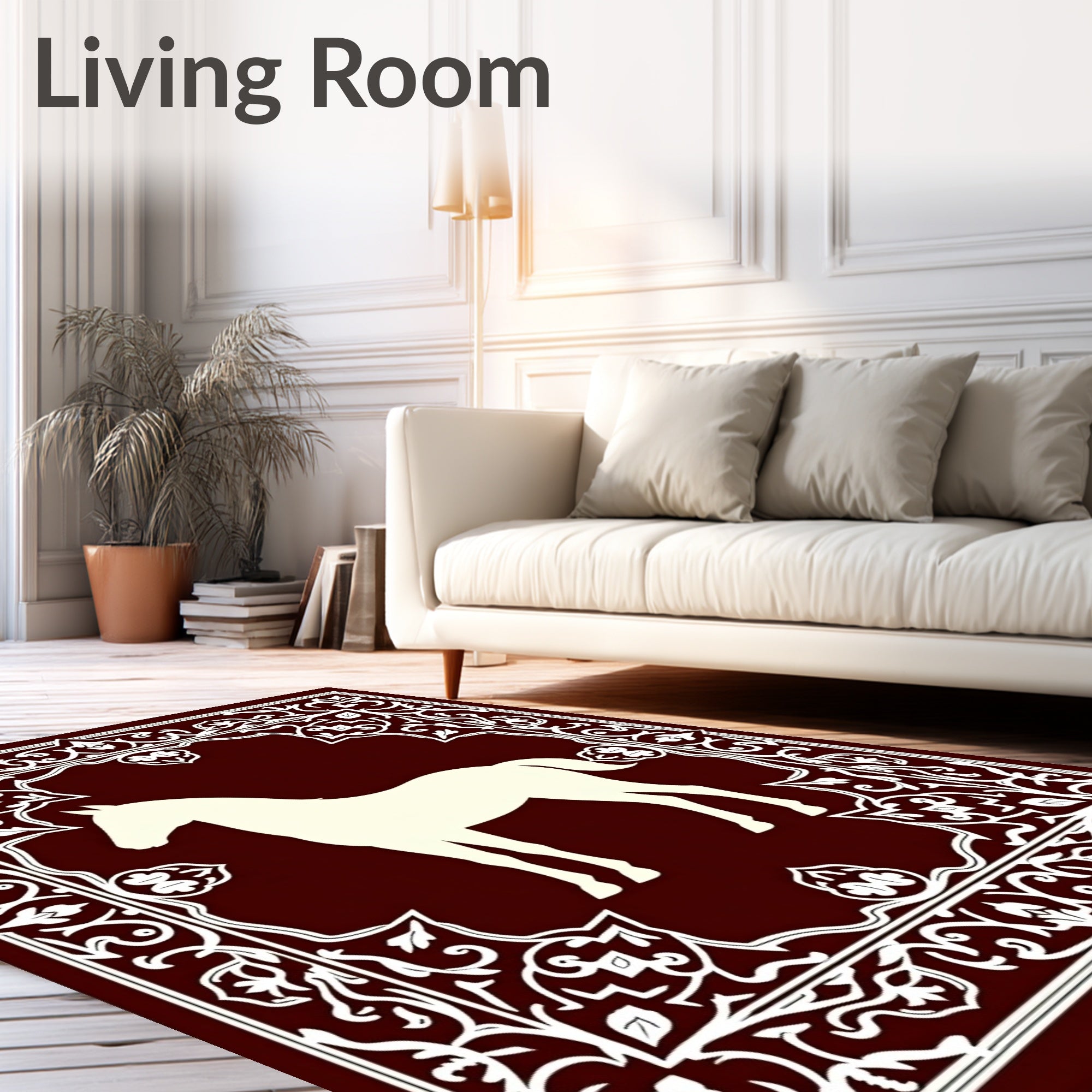 Deep Red White Horse Medallion Frame Rug