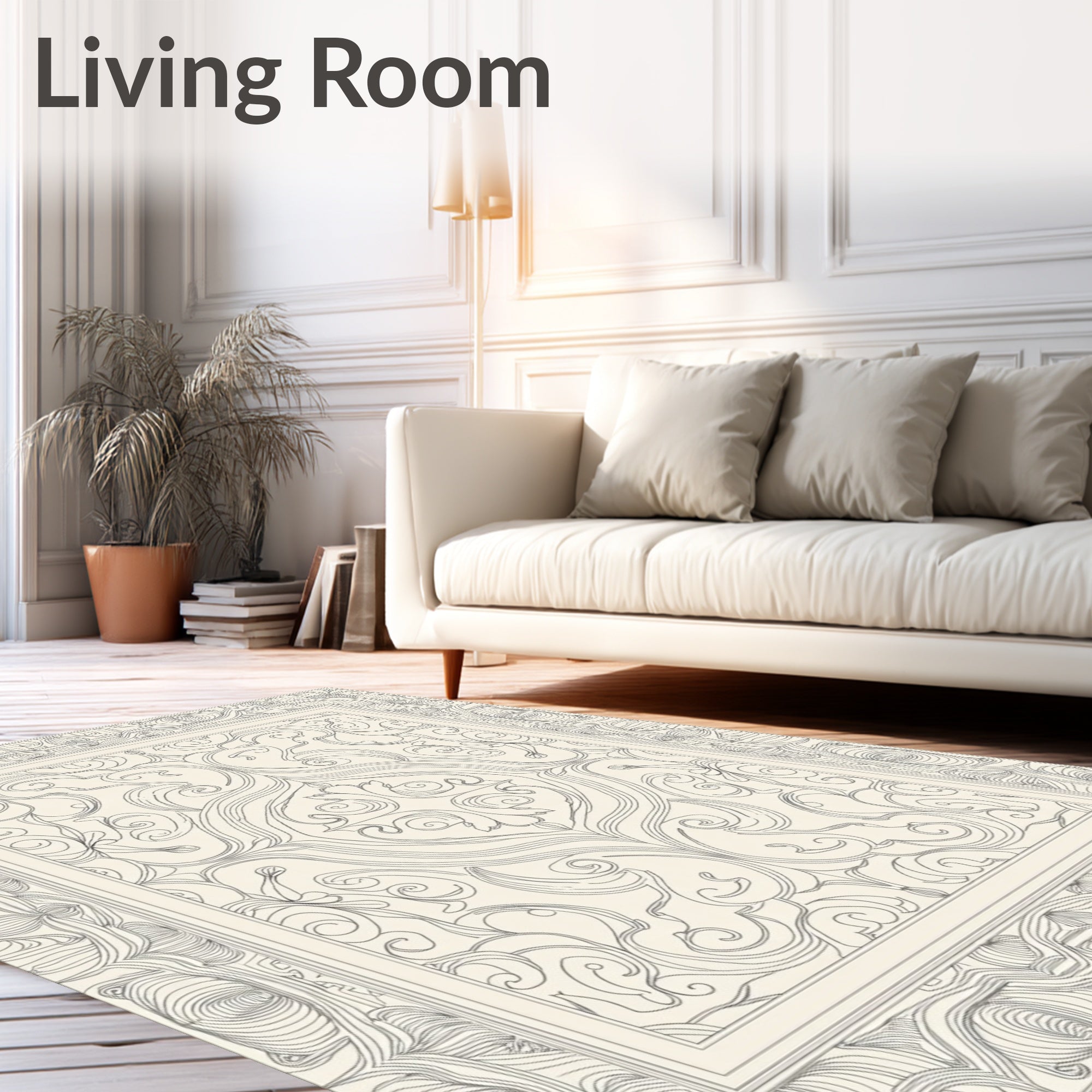 Neutral Cream Filigree Scroll Frame Rug