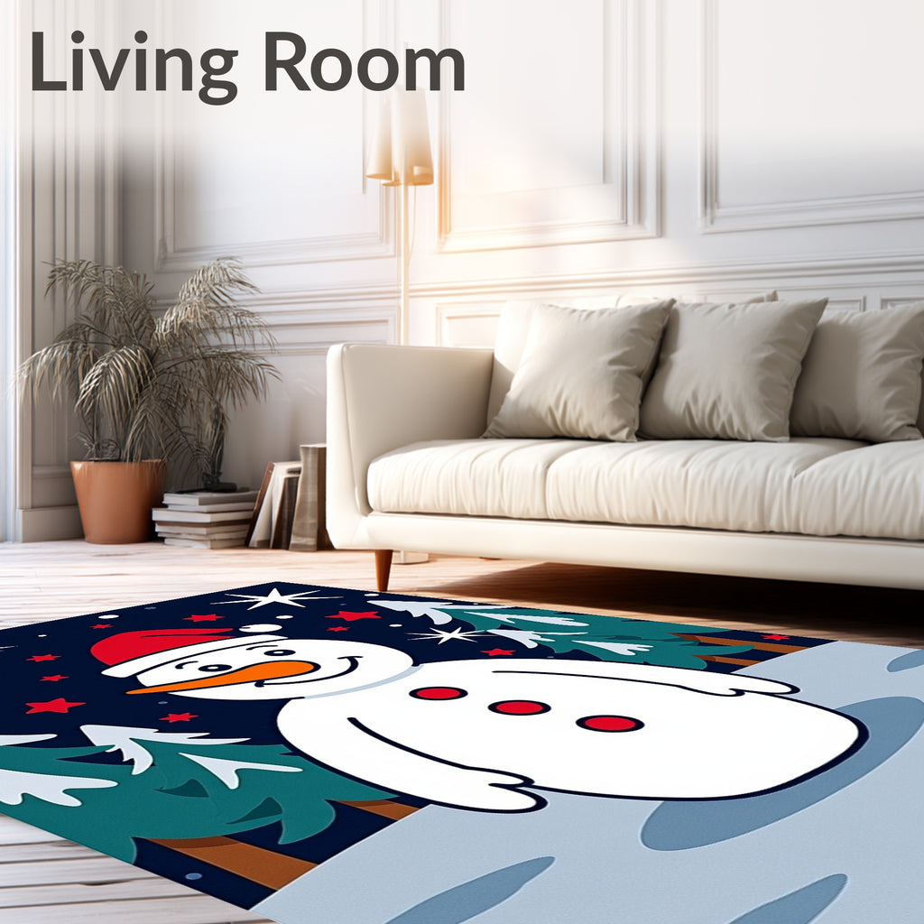 Festive Snowman Amongst Snowy Pines Rug