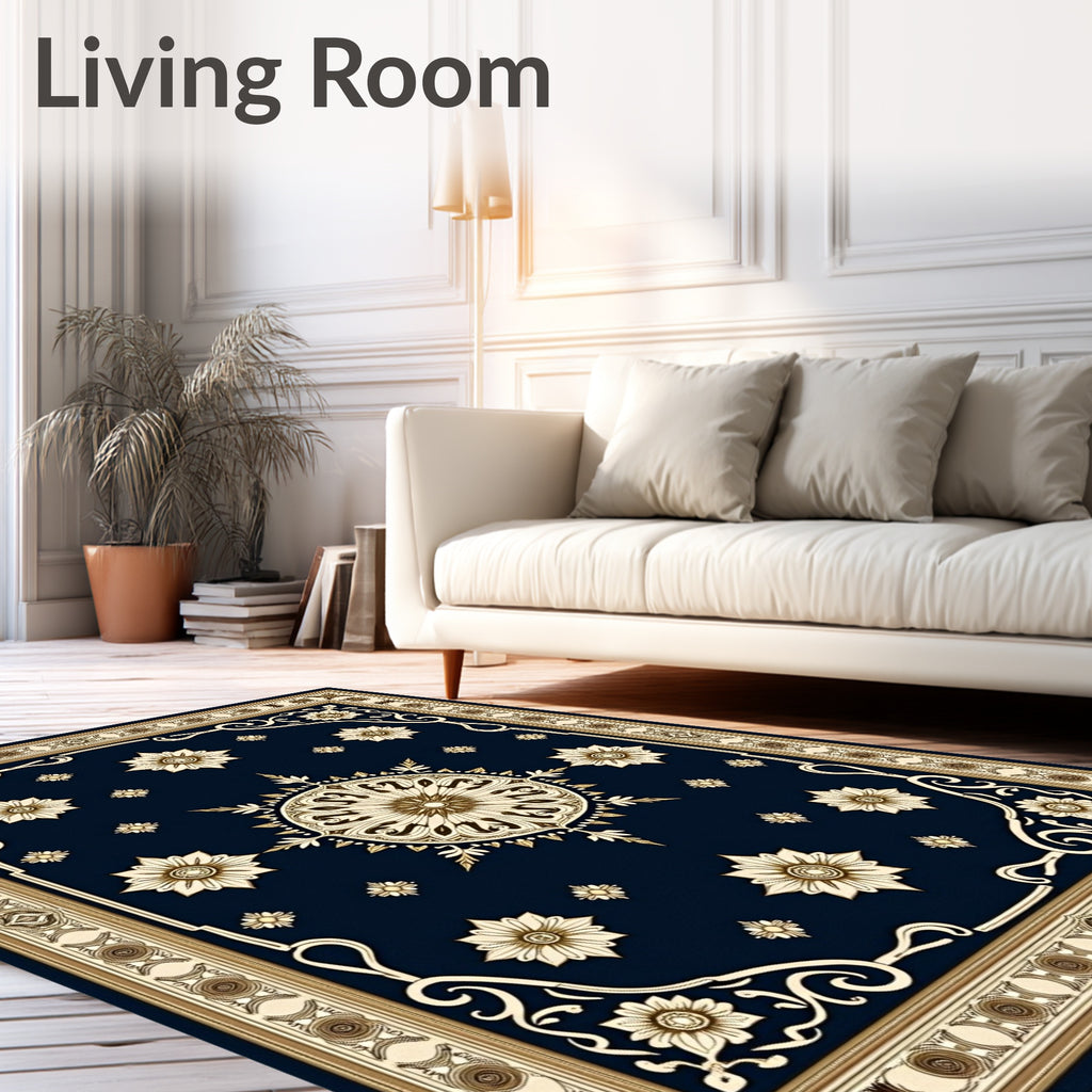 Ornate Royal Blue Golden Medallion Rug