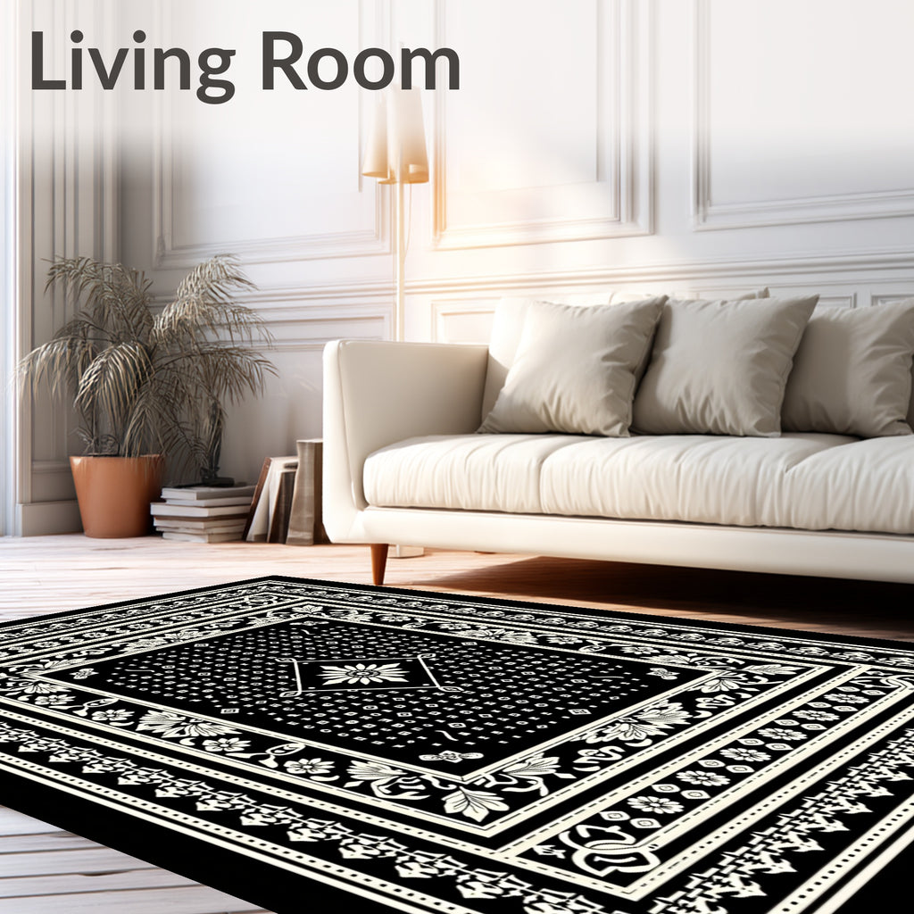 Black Geometric Floral Medallion Border Rug