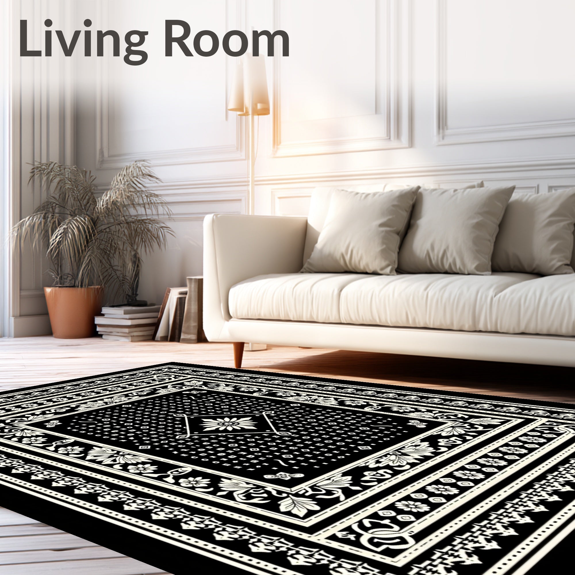 Black Geometric Floral Medallion Border Rug