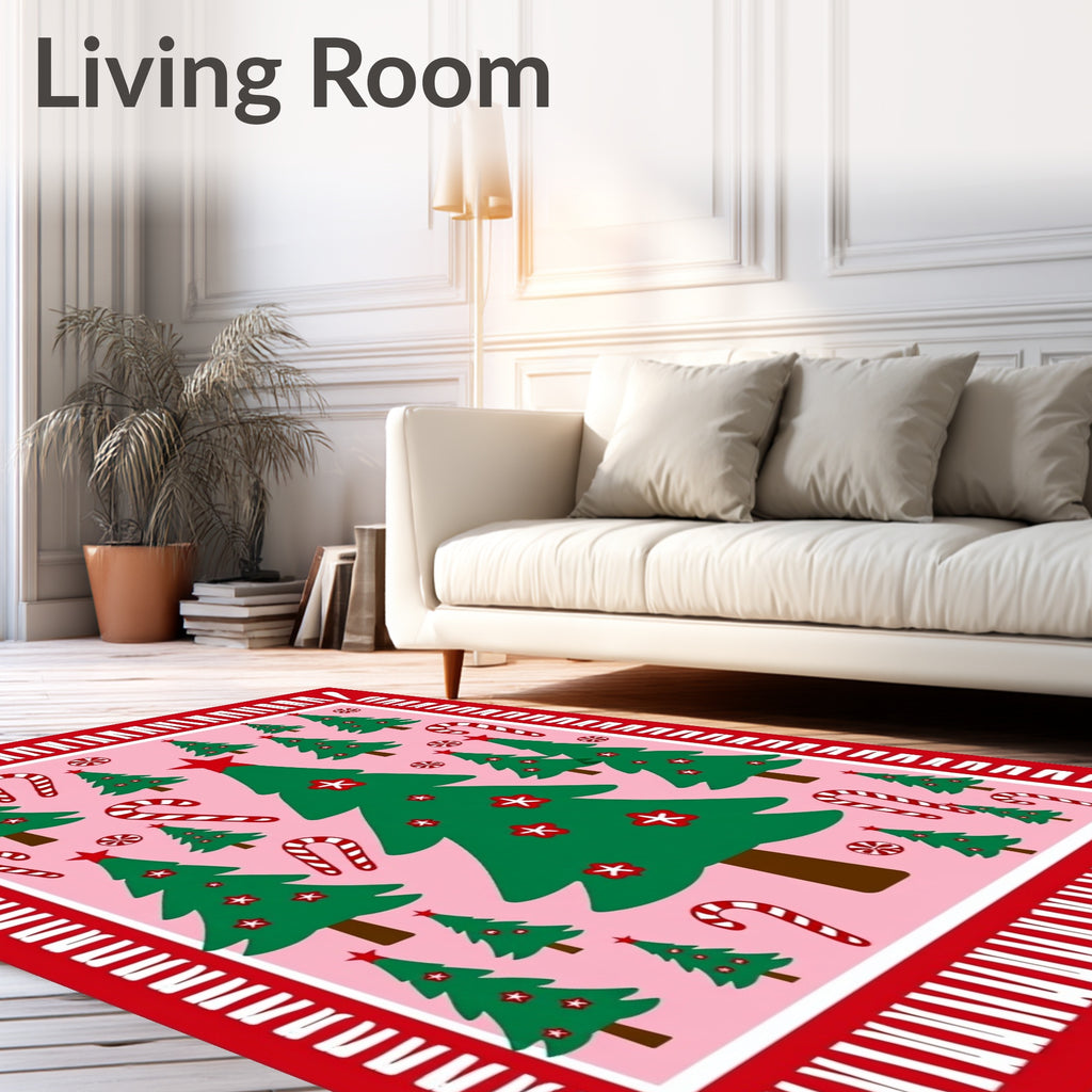 Pink Christmas Trees Candy Canes Border Rug