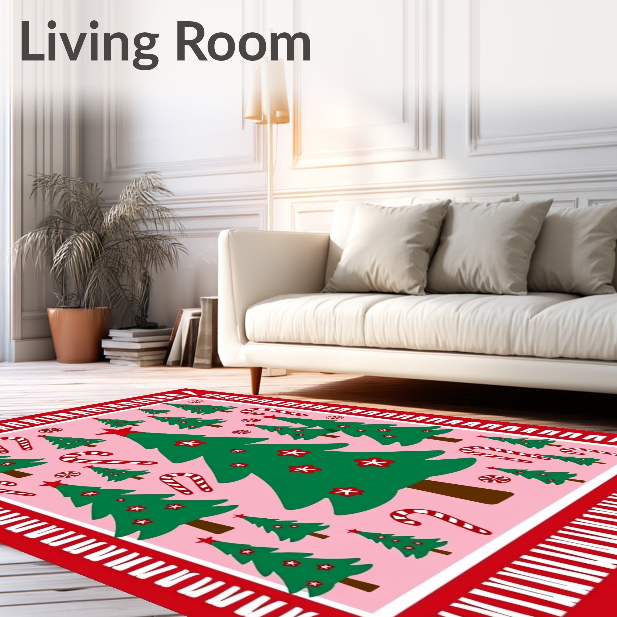 Pink Christmas Trees Candy Canes Border Rug