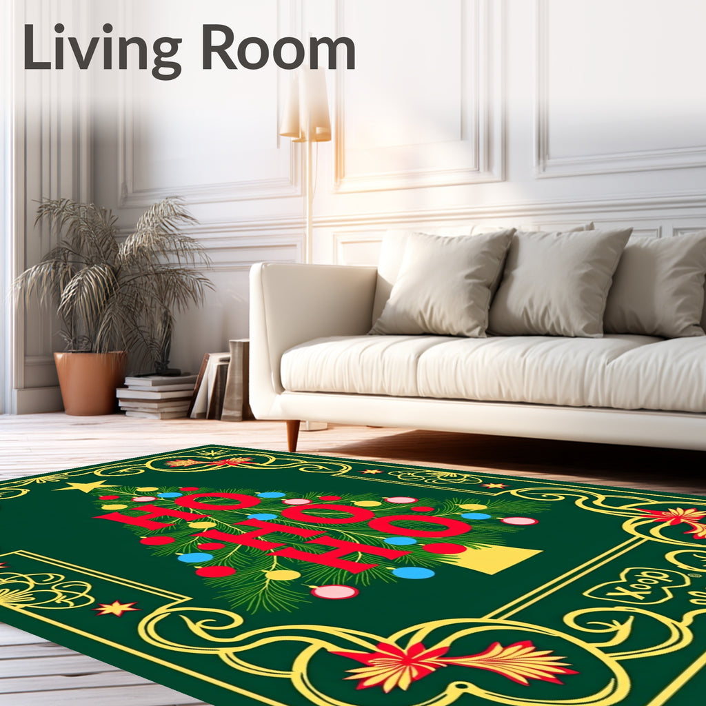 Festive Green Christmas Tree Ho Ho Ho Rug