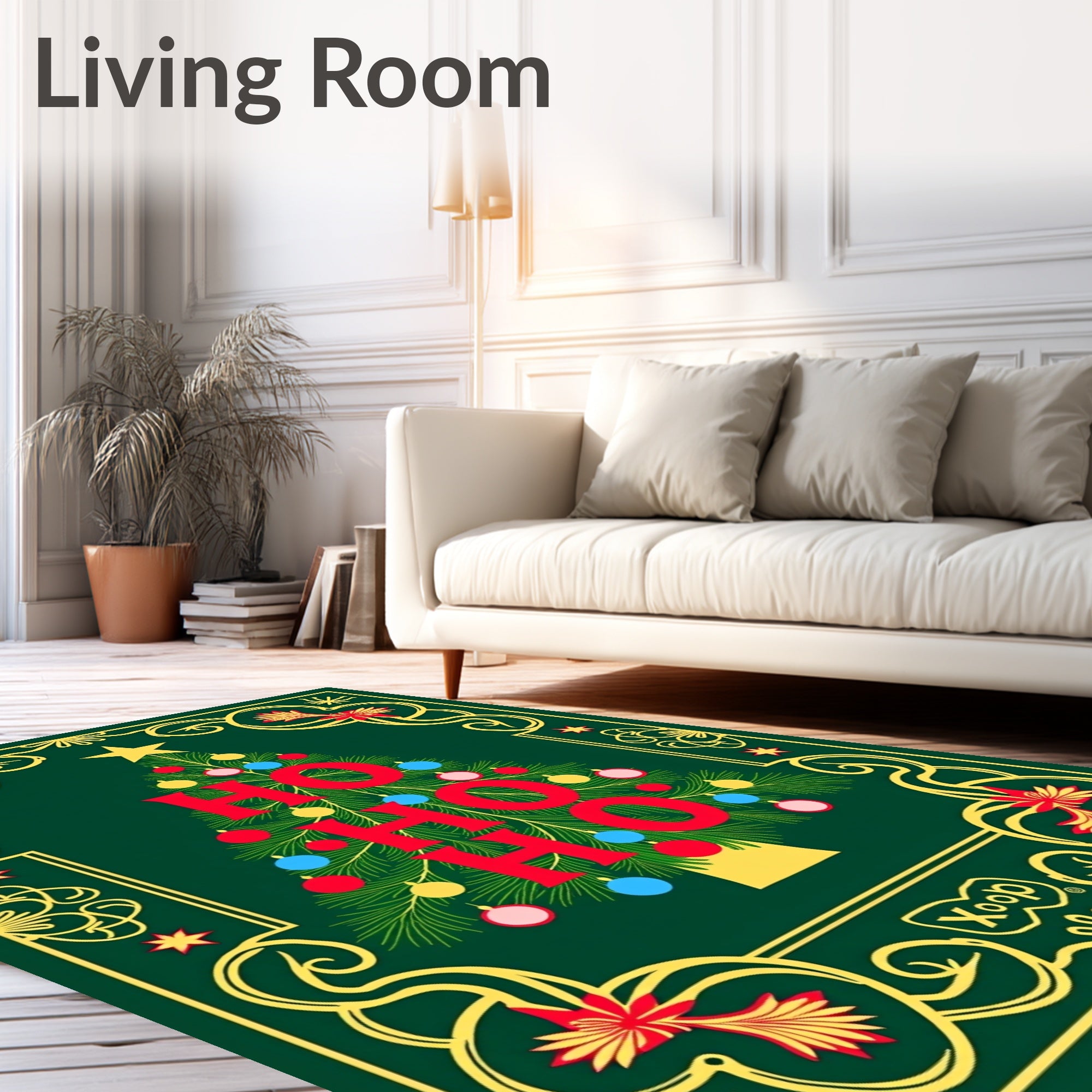 Festive Green Christmas Tree Ho Ho Ho Rug