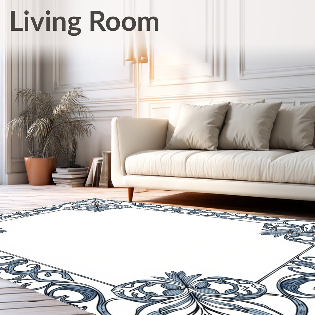 Blue Floral Scrollwork Border Rug