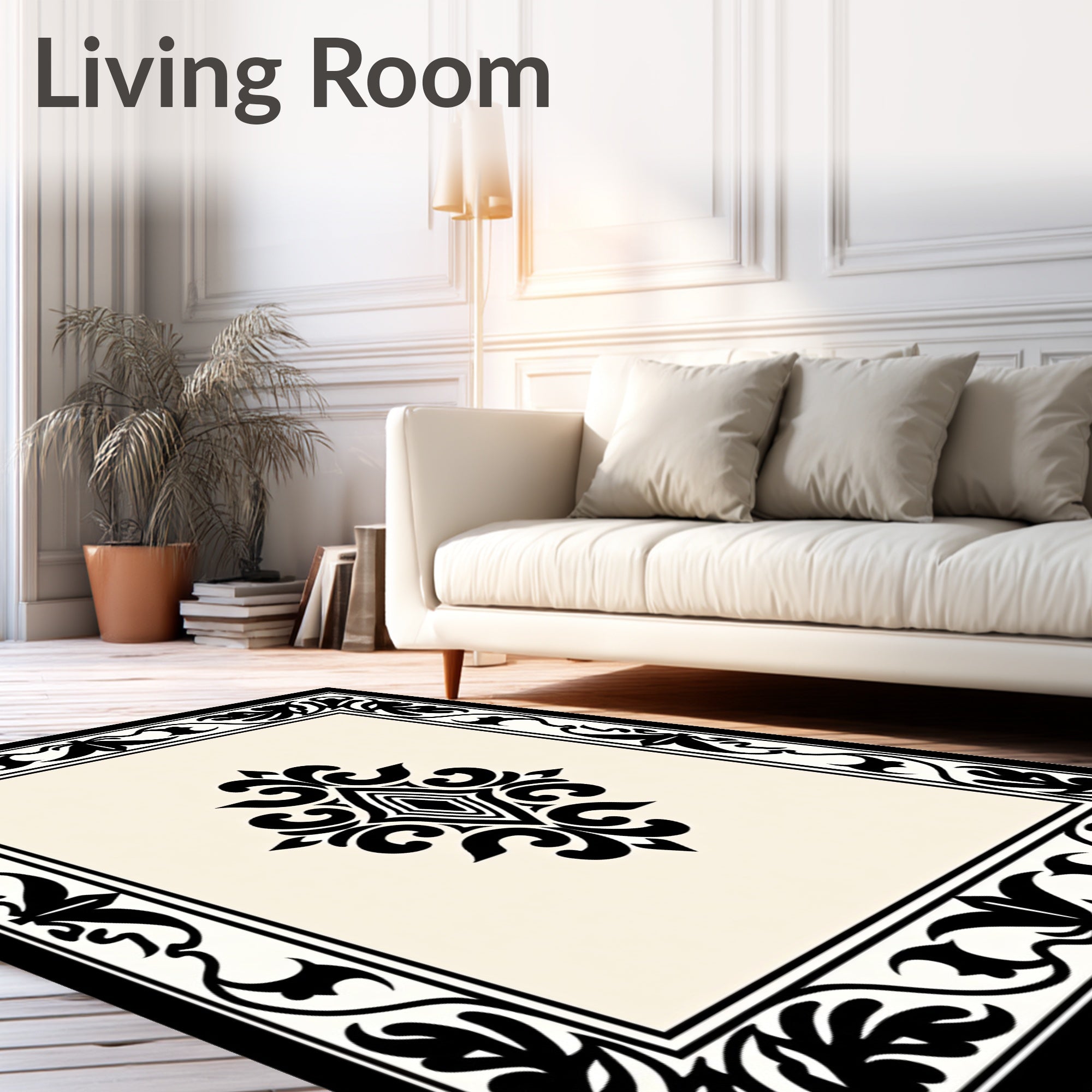 Classic Black and Cream Floral Centerpiece Rug