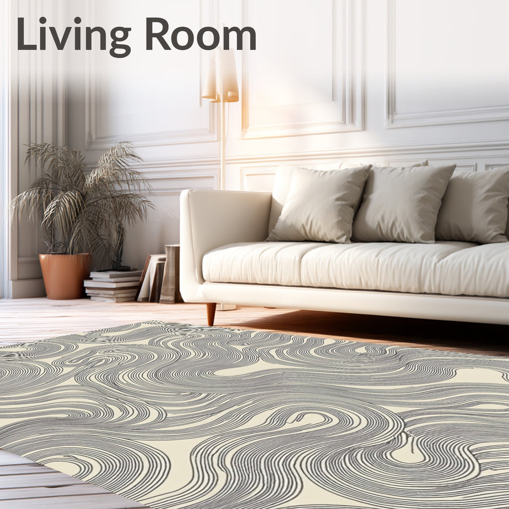 Cream And Charcoal Swirl Lines Rug