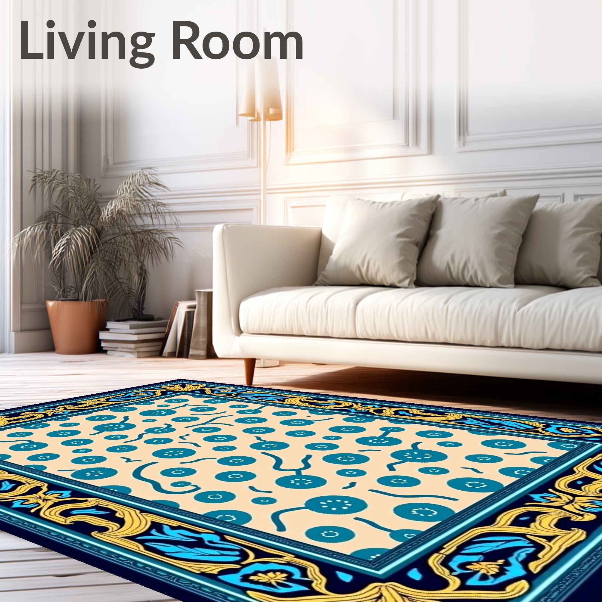 Teal Circles Curved Lines Bordered Field Rug