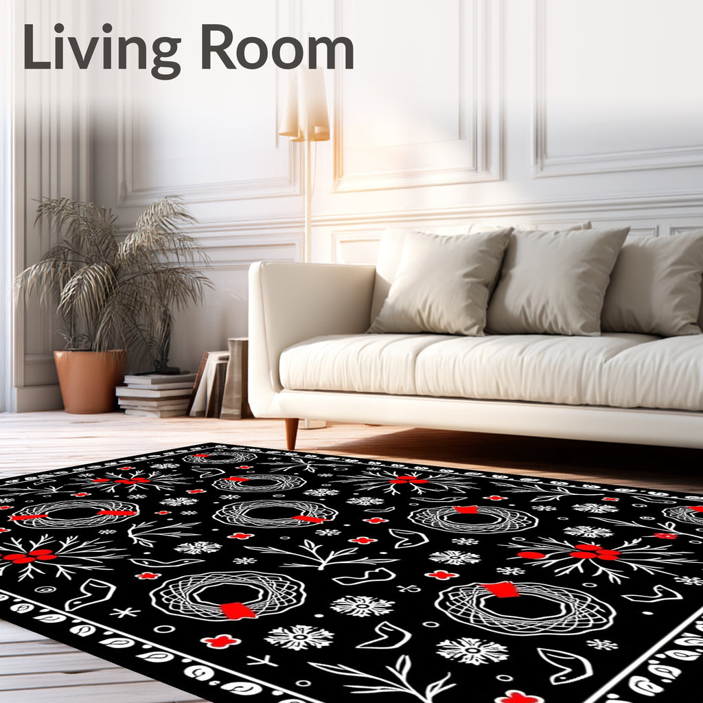 Black Red White Wreath Snowflake Holiday Rug