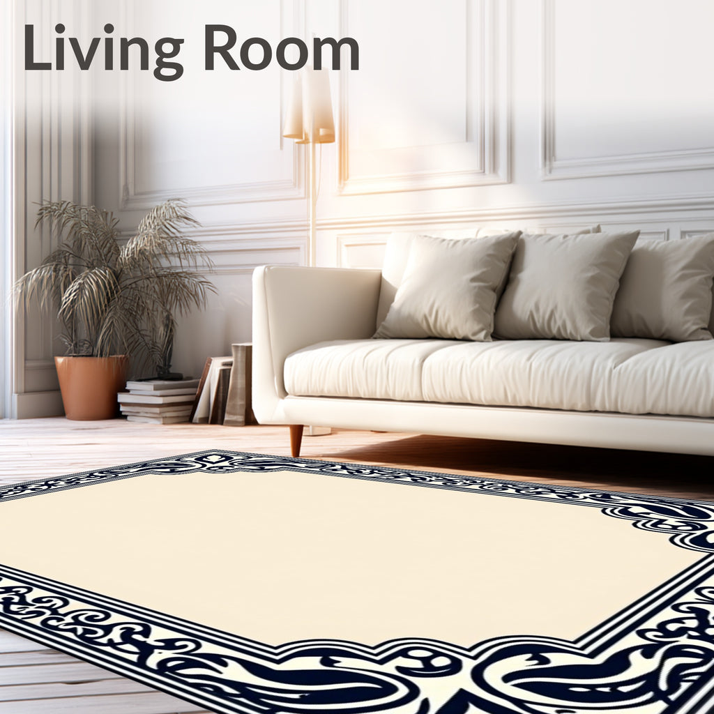 Ornate Navy Blossom Scroll Frame Rug