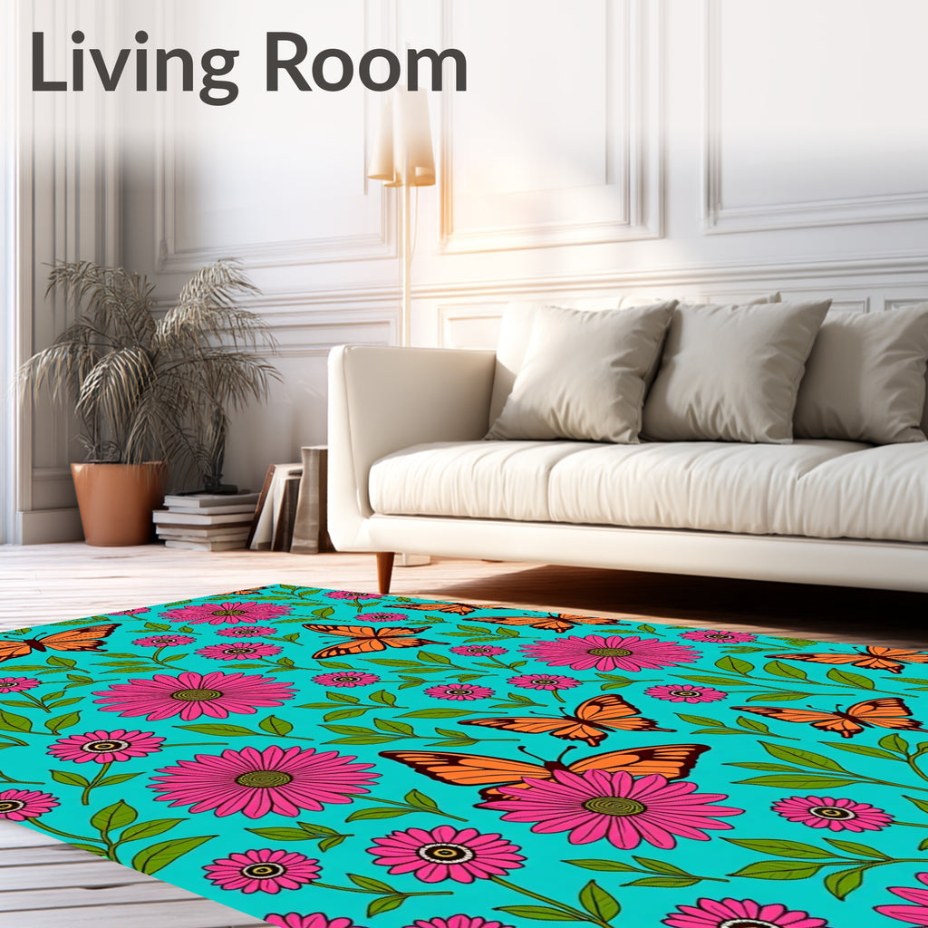 Bright Daisy Butterflies Aqua Background Rug