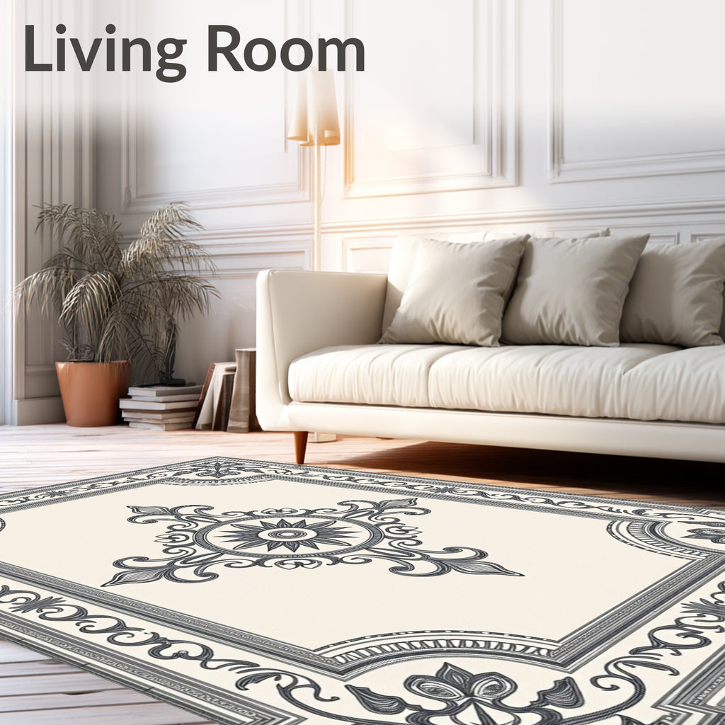 Ivory Black Ornate Floral Medallion Rug
