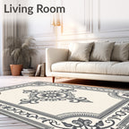 Ivory Black Ornate Floral Medallion Rug