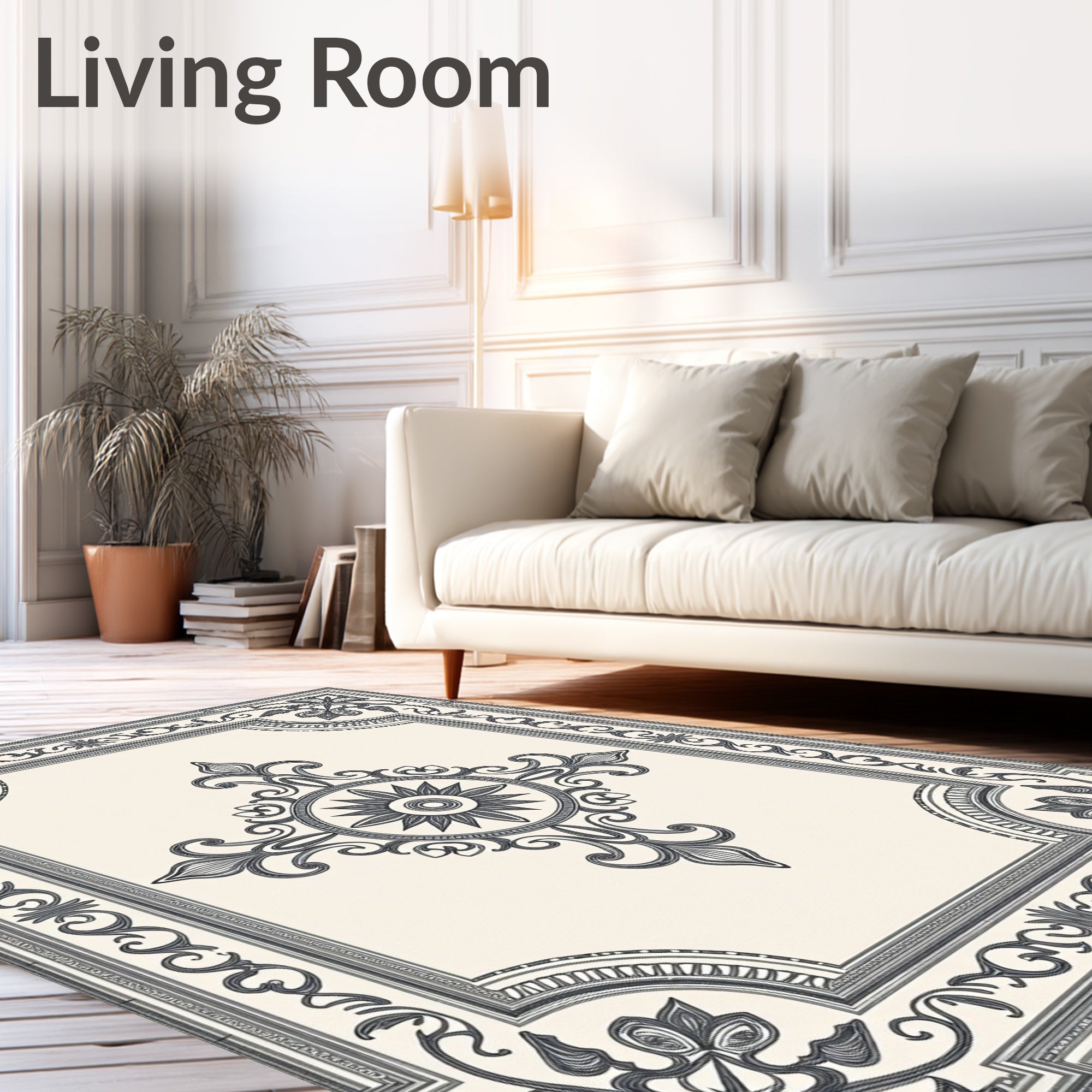 Ivory Black Ornate Floral Medallion Rug