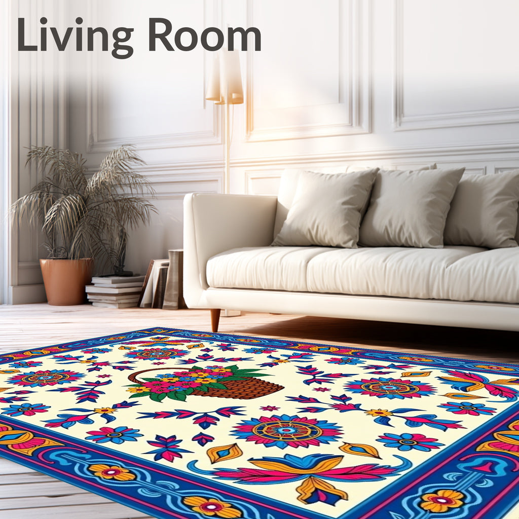 Colorful Floral Basket Medallion Border Rug