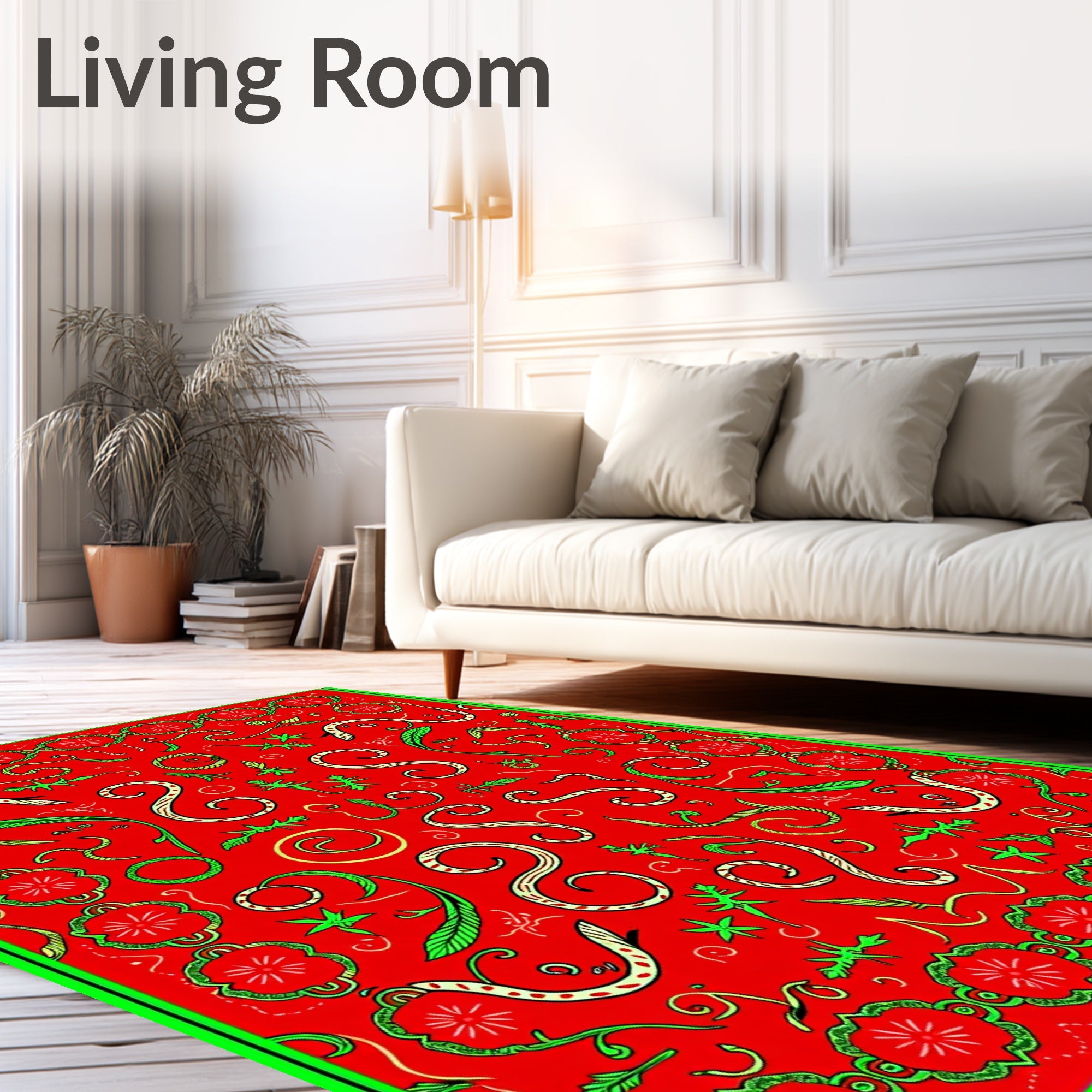 Crimson Swirls And Green Foliage Rug