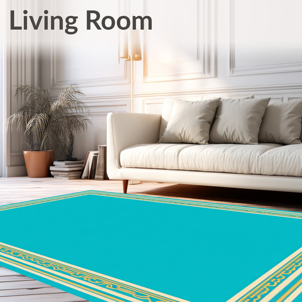 Turquoise Ivory Gold Bordered Frame Rug