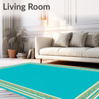 Turquoise Ivory Gold Bordered Frame Rug