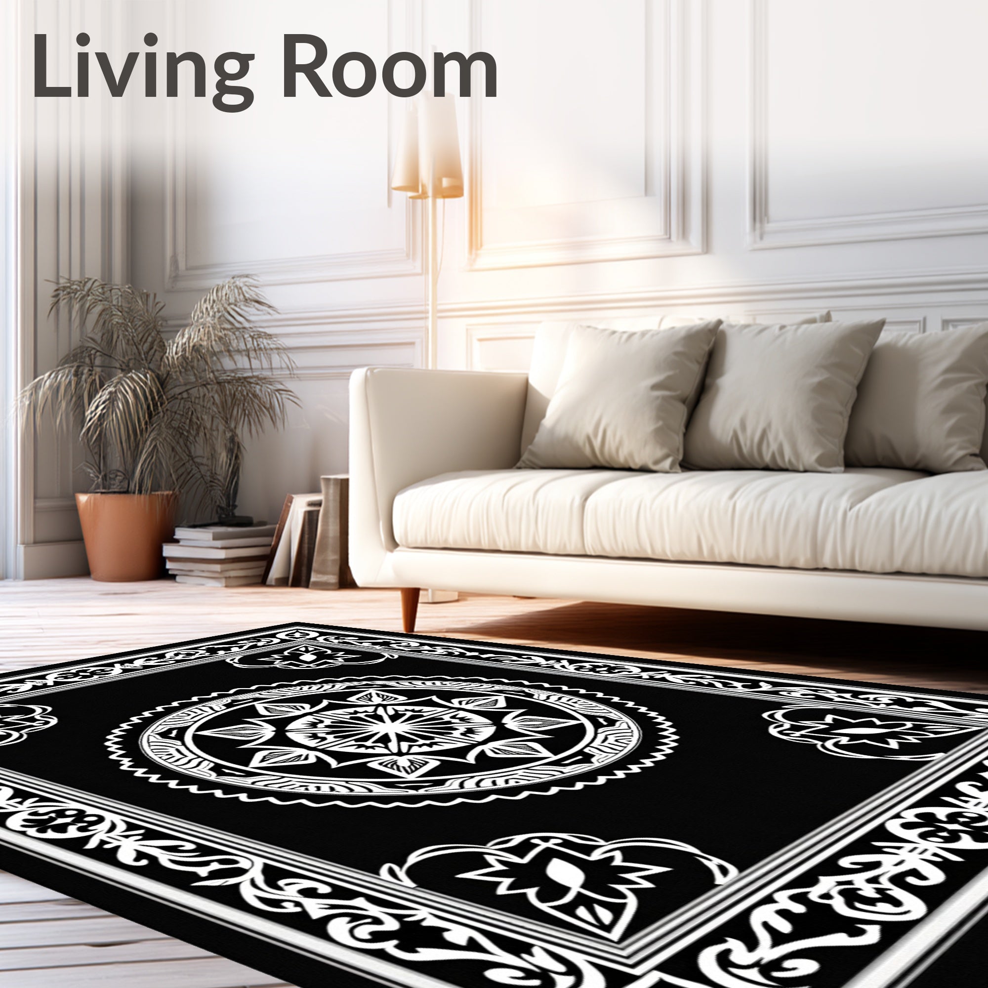 Classic Black White Medallion Border Rug