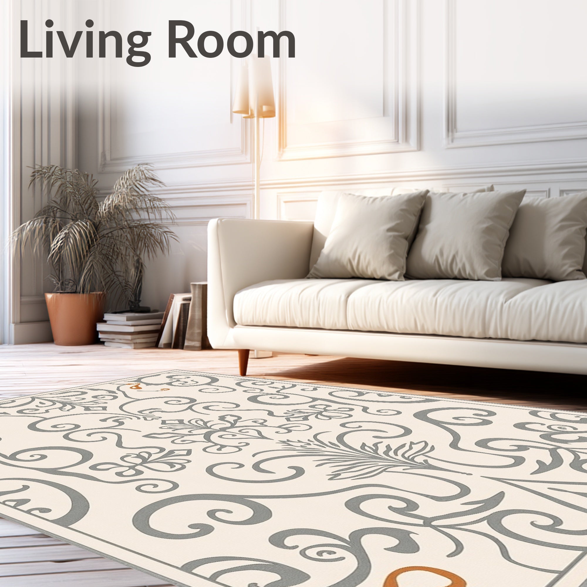 Cream Grey Filigree Arabesque Flourish Rug