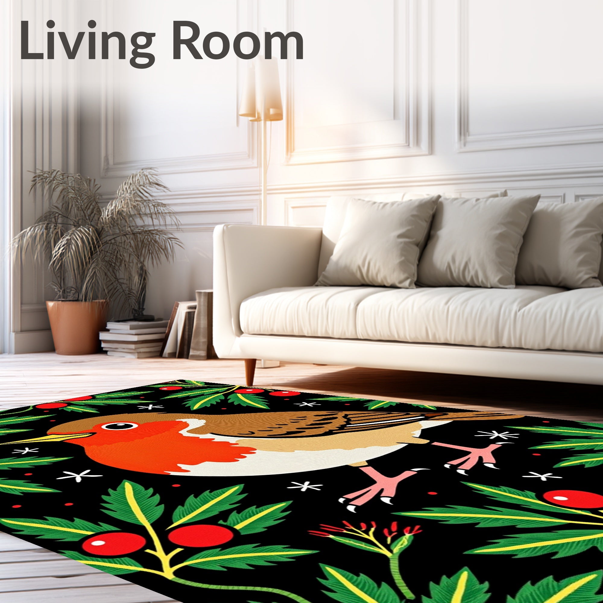 Whimsical Robin WithHolly Berries And Stars Rug