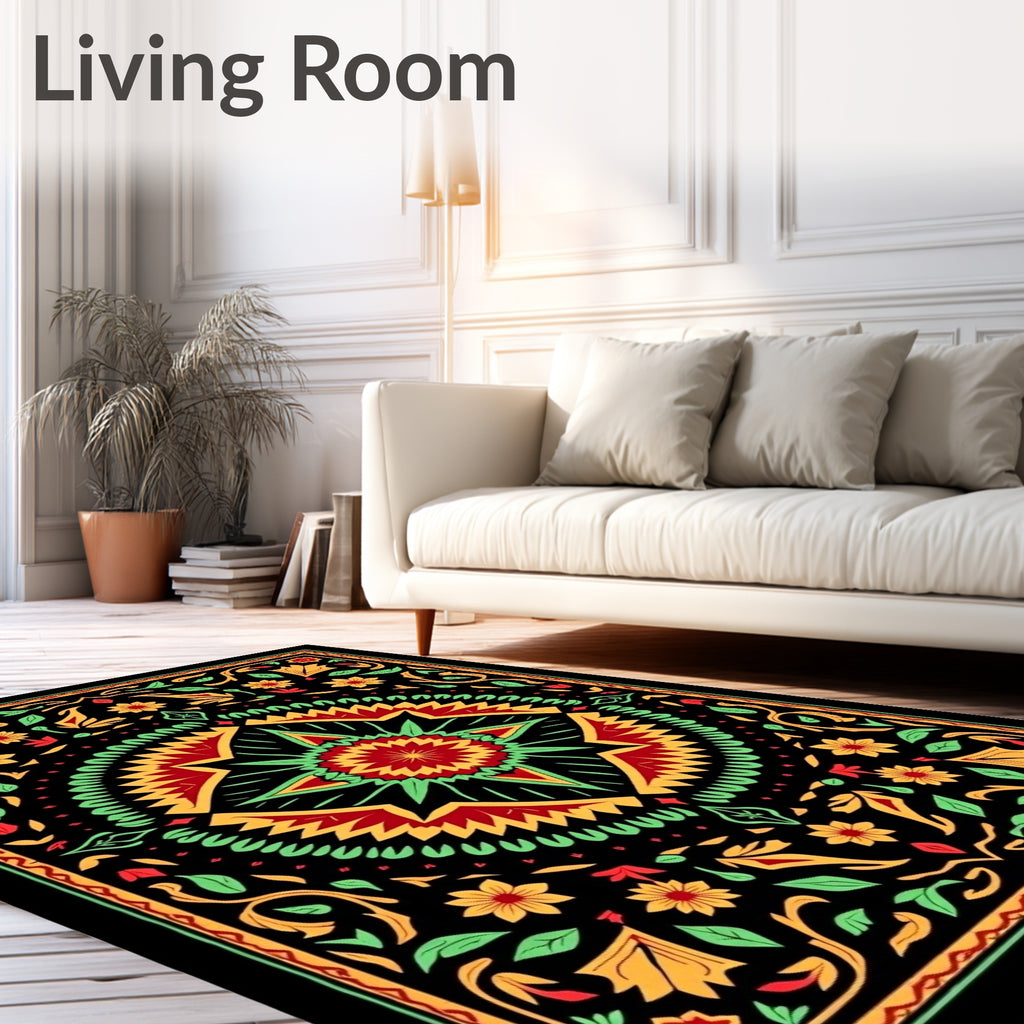 Vibrant Black Floral Sunburst Mandala Rug
