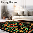Vibrant Black Floral Sunburst Mandala Rug